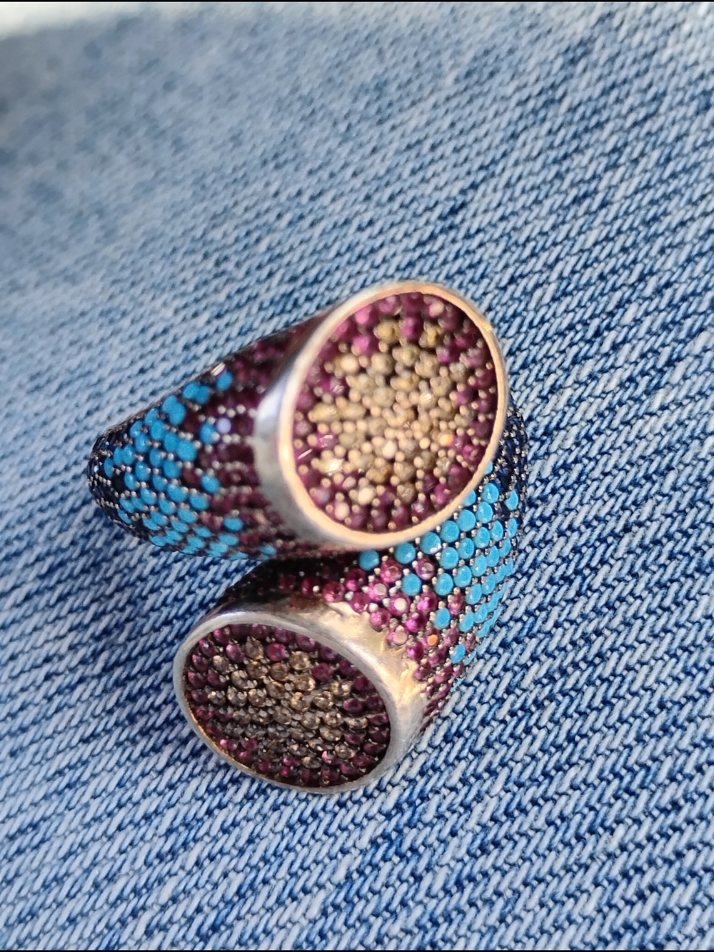 Sterling Silver Double-Circle Statement Ring with Turquoise and Purple Stones - Picture 3 of 5